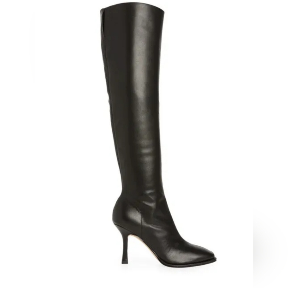 Jeffrey Campbell Ziletta Tall Heeled Boot Black Leather Square Toe Size 6.5 NWOB